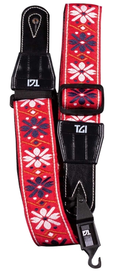 TGI Guitar Strap Woven Cotton Flowers Stitch - Red