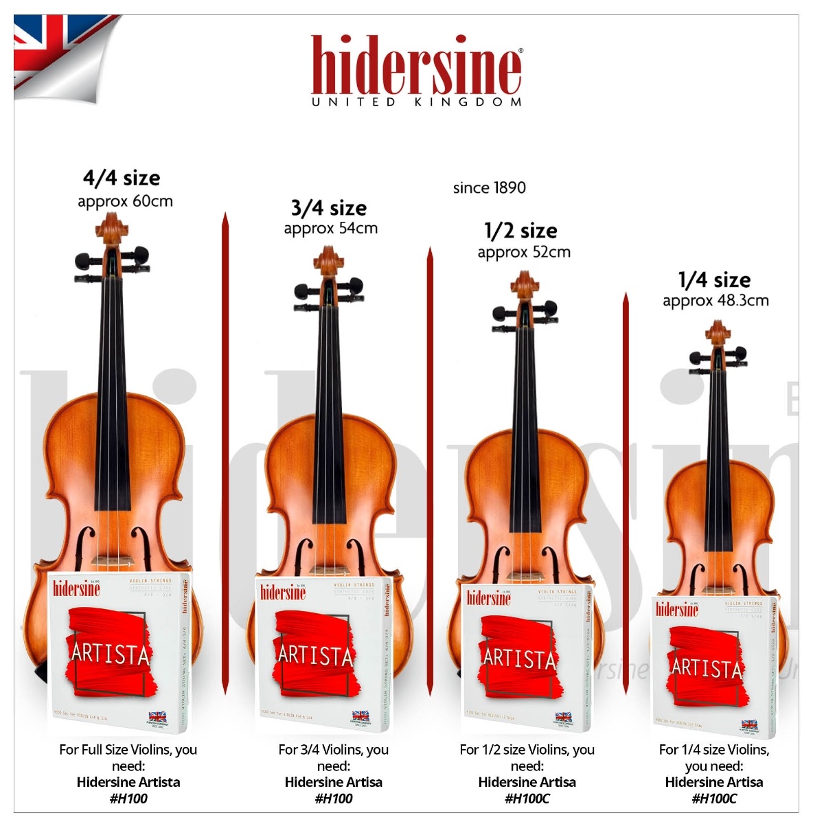 String Instruments By Size Order Hidersine Artista Violin String SET – Synthetic Core – 1/2 Size ...